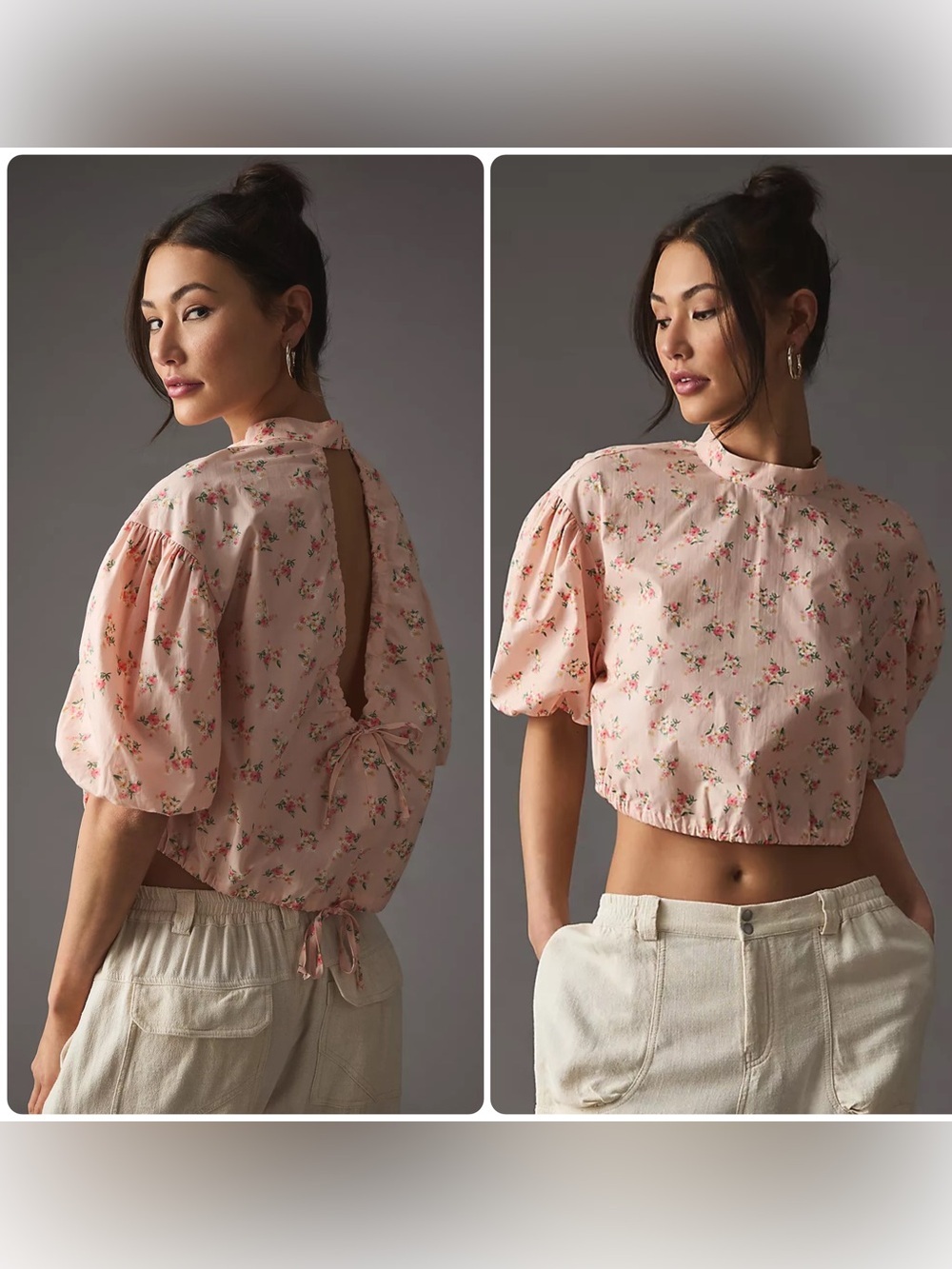 Anthropologie Blush Pink Floral Puff-Sleeve Crop Top (D2)